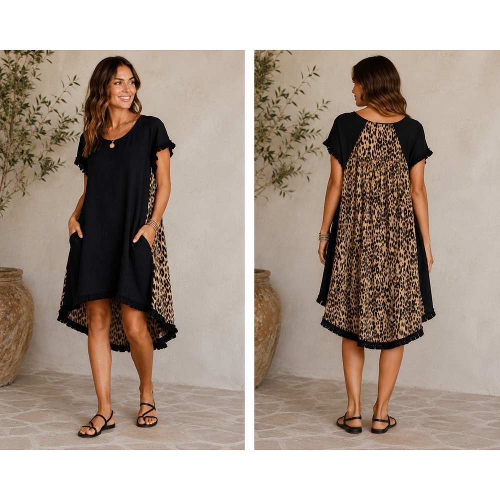 Umgee Leopard Black Linen Blend Hi-Lo Tunic Dress Pockets Boho Resort Lg